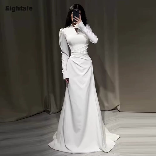 V-Neck Long Sleeves Pleated A-Line Wedding Dress