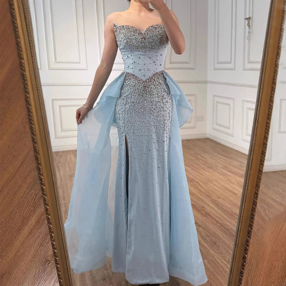 Luxury Blue Crystal Beaded Mermaid Evening Dress with Overskirt