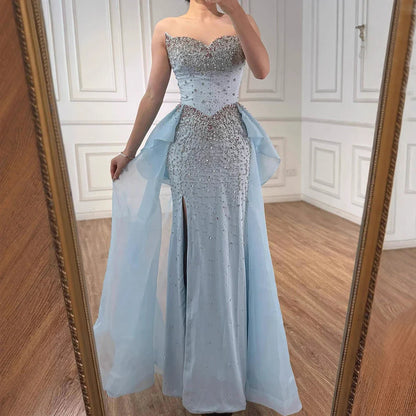 Luxury Blue Crystal Beaded Mermaid Evening Dress with Overskirt