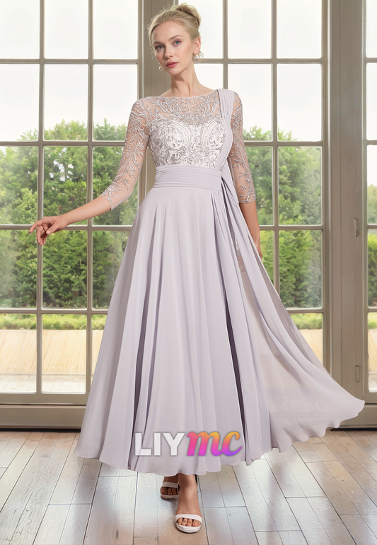 Scoop 34 Length Sleeves Appliques Chiffon Pleated A-Line Motherof Bride Dress Cocktail Dress