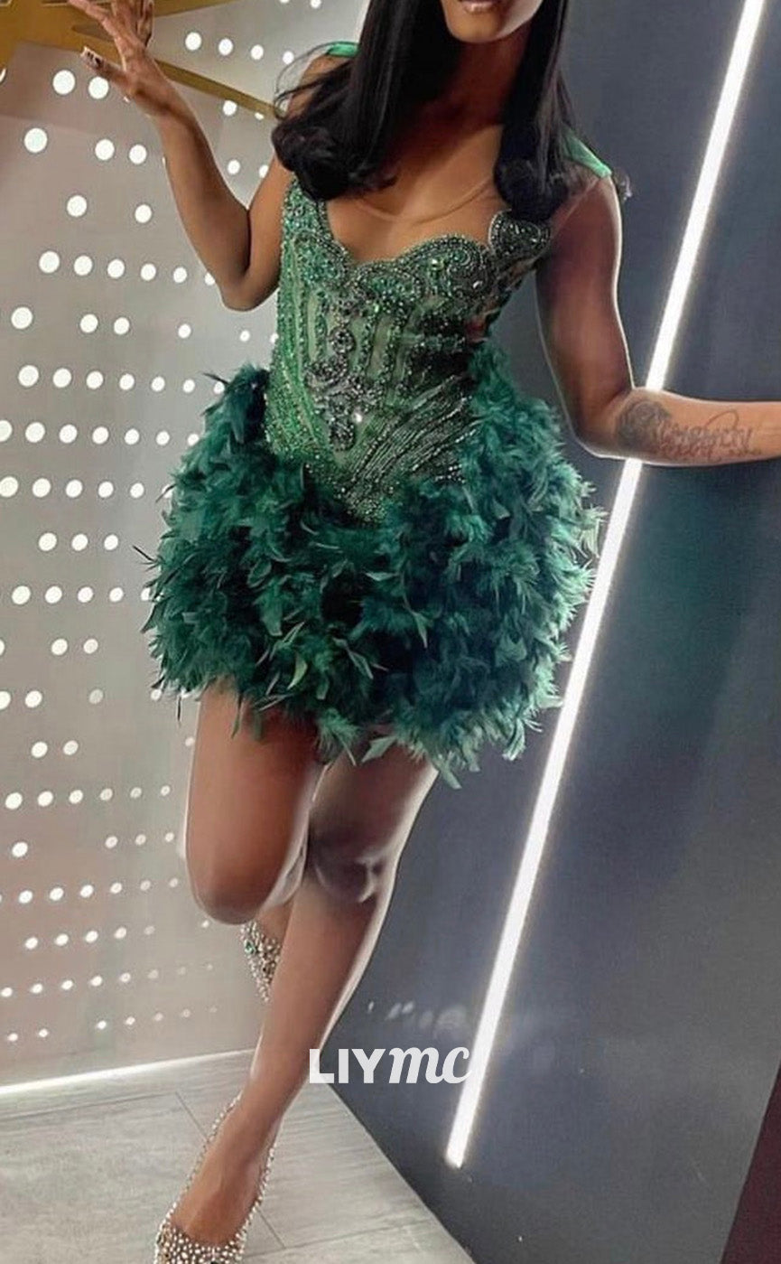 LY303 - Scoop Appliques Beaded Feathered Short Homecoming Dress for Black Girls