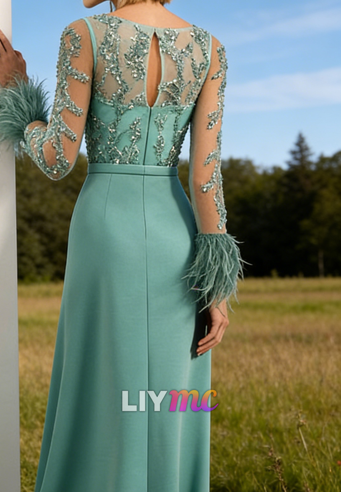 Scoop Appliques Feathered Sheath Mother of Bride Dress