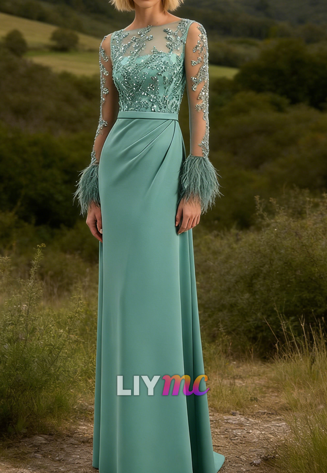 Scoop Appliques Feathered Sheath Mother of Bride Dress