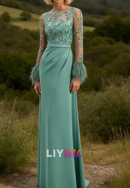 Scoop Appliques Feathered Sheath Mother of Bride Dress