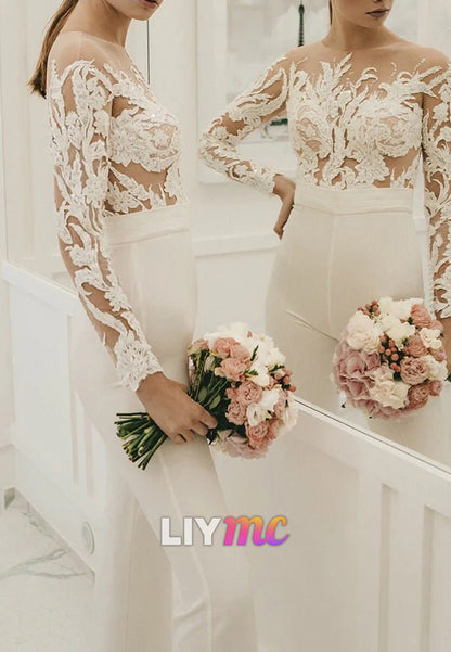 Scoop Appliques Long Sleeves Bridal Jumpsuits