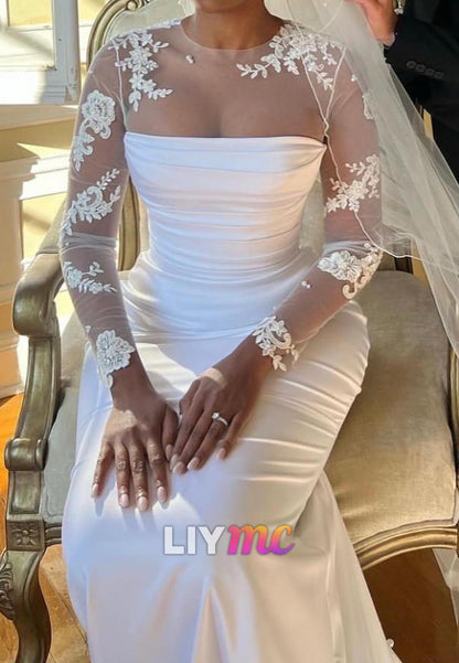 Scoop Appliques Long Sleeves Pleated Mermaid Wedding Dress