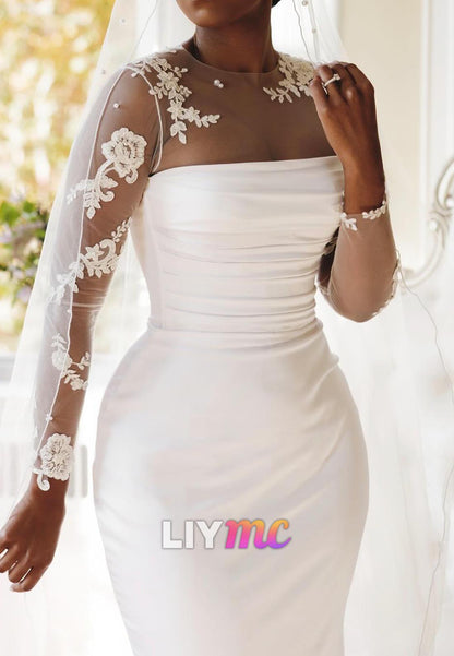 Scoop Appliques Long Sleeves Pleated Mermaid Wedding Dress