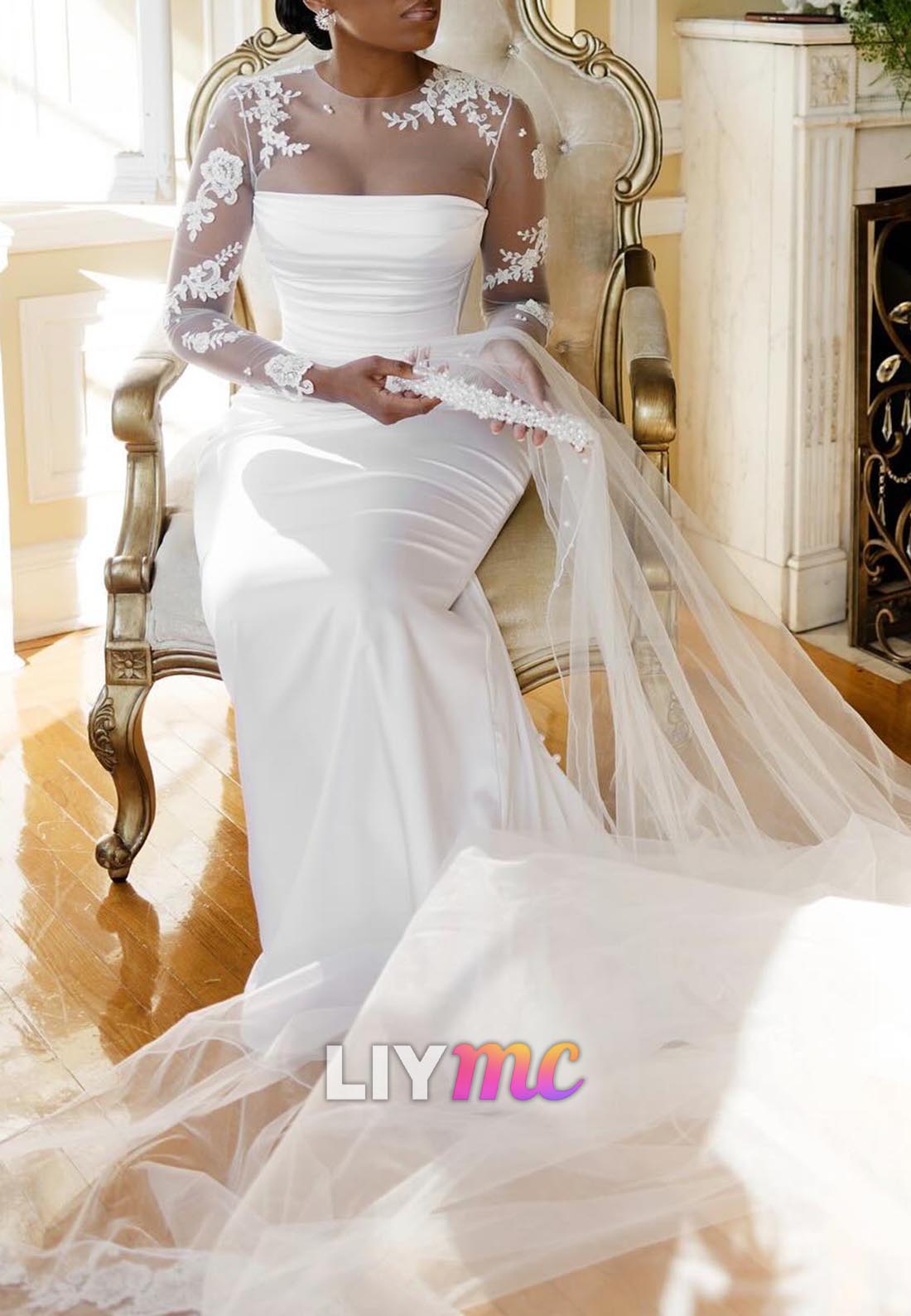 Scoop Appliques Long Sleeves Pleated Mermaid Wedding Dress