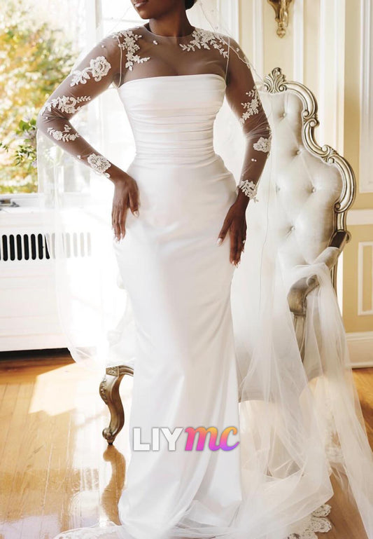 Scoop Appliques Long Sleeves Pleated Mermaid Wedding Dress