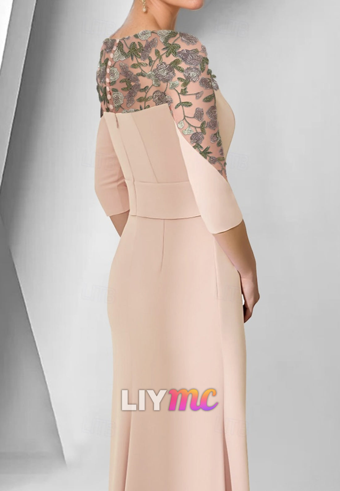 Scoop Appliques Long Sleeves Ruched Sheath Mother of Bride Dress