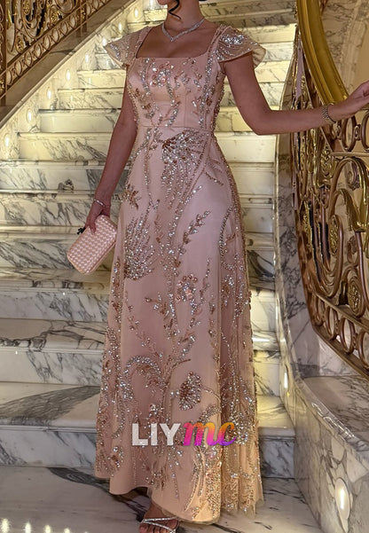 Scoop Cap Sleeves Beaded Embroidery A-Line Evening Dress