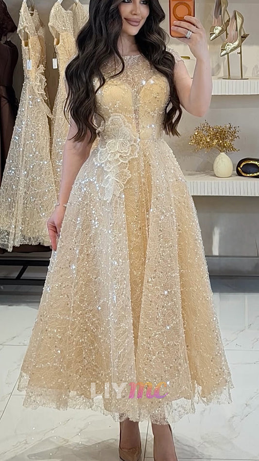 Scoop Cap Sleeves Beaded Embroidery Sparkly A-Line Prom Dress