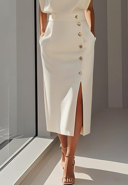 Scoop Cap Sleeves Button Sheath Tea-Length Work Dress