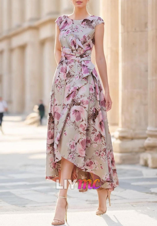 Scoop Cap Sleeves Floral Printed A-Line Mother of Bride Dress