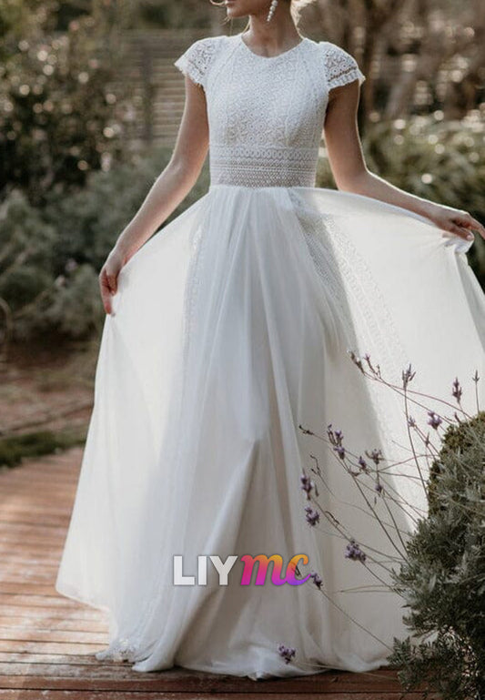 Scoop Cap Sleeves Lace Appliques A-Line Boho Wedding Dress