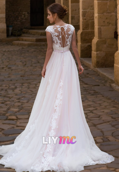 Scoop Cap Sleeves Lace Appliques Tulle A-Line Wedding Dress