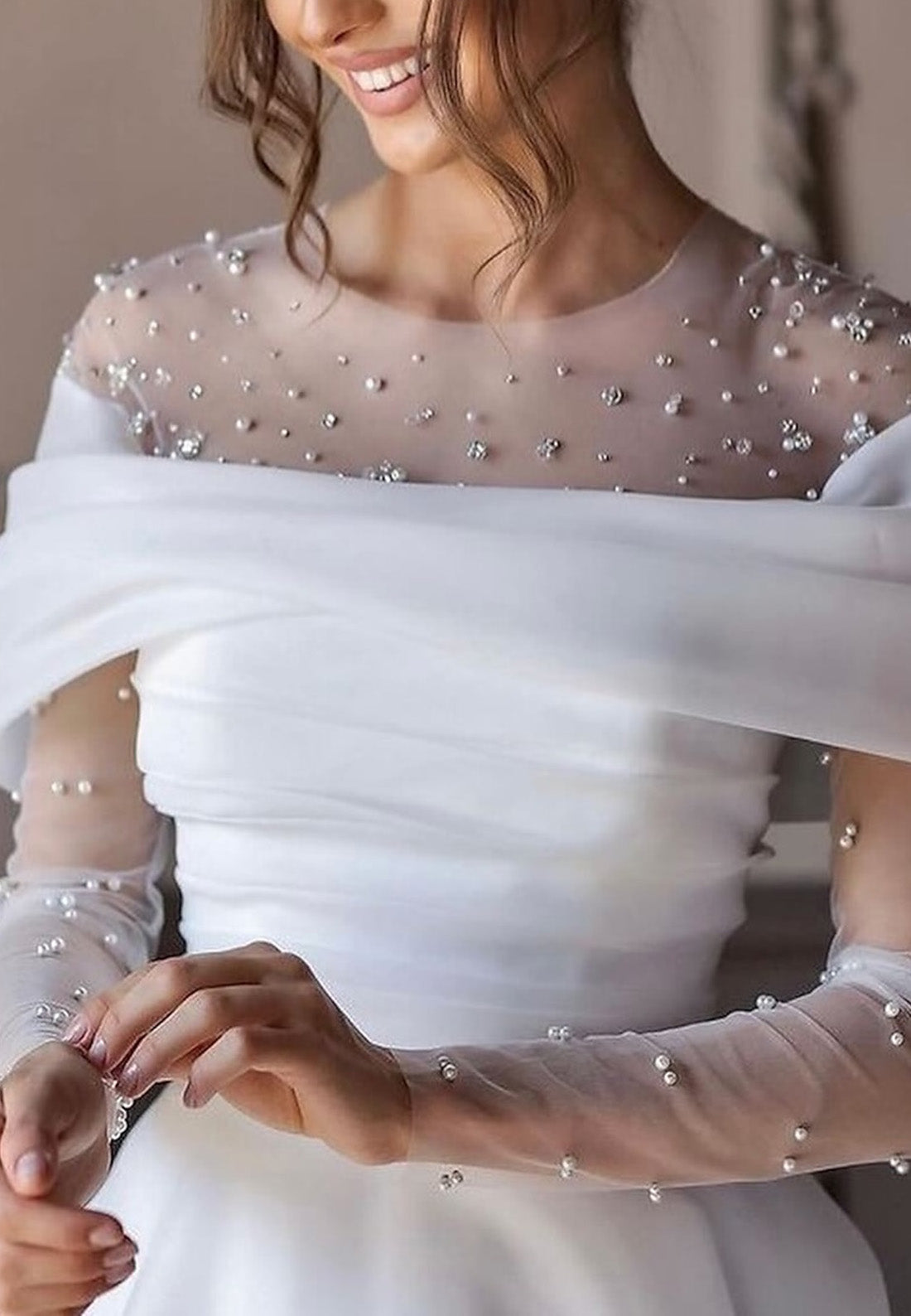 Scoop Cap Sleeves Pearl Sleek A-Line Satin Wedding Dress