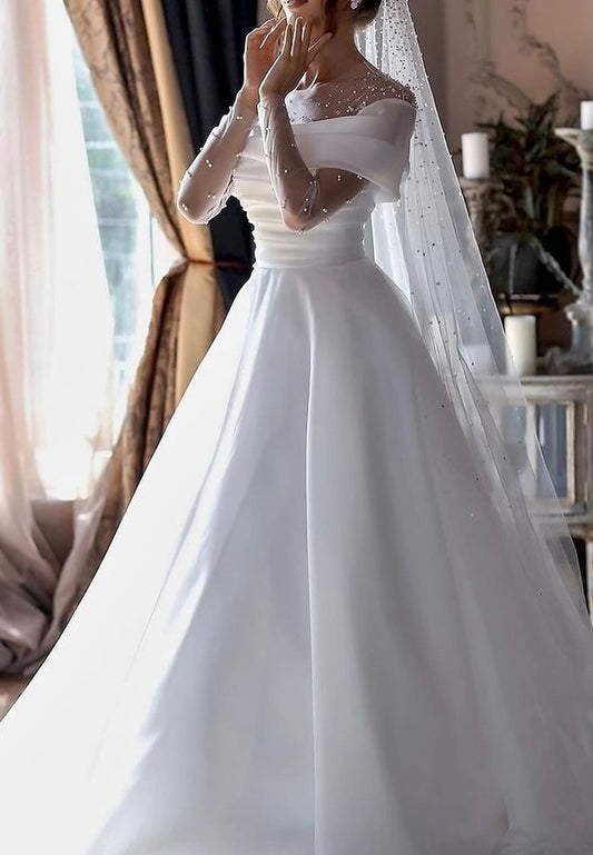 Scoop Cap Sleeves Pearl Sleek A-Line Satin Wedding Dress
