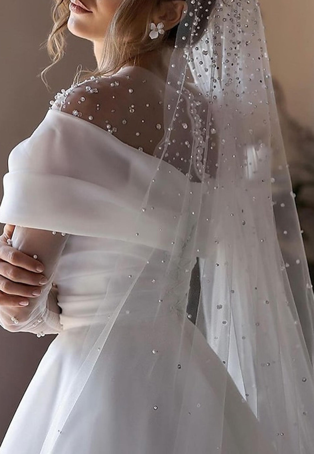 Scoop Cap Sleeves Pearl Sleek A-Line Satin Wedding Dress