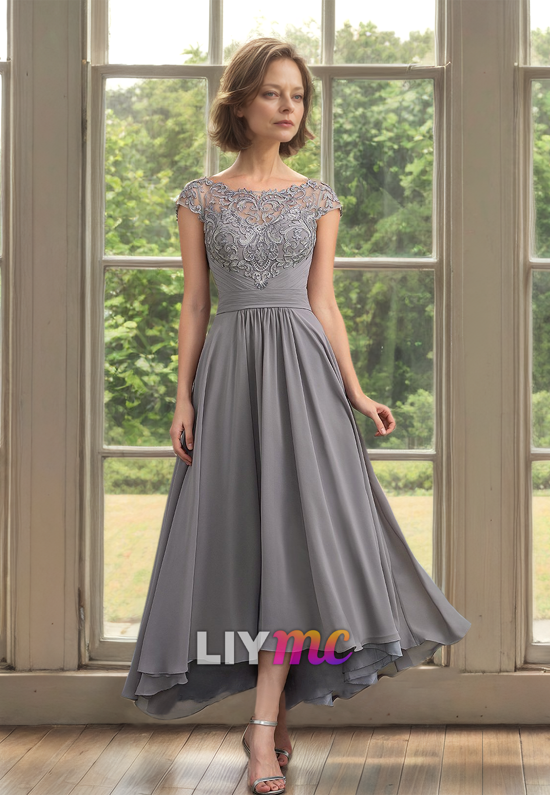 Scoop Cap Sleeves Pleated Chiffon A-Line Mother of Bride Dress