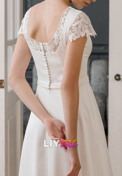 Scoop Cap Sleeves Sleek A-Line Simple Boho Wedding Dress