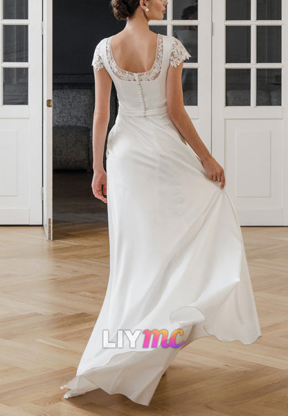 Scoop Cap Sleeves Sleek A-Line Simple Boho Wedding Dress
