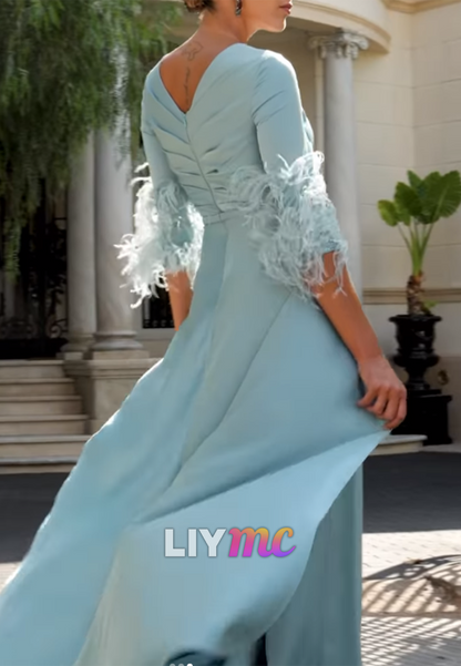 Scoop Feathered Jumpsuit Mother of Bride Dress