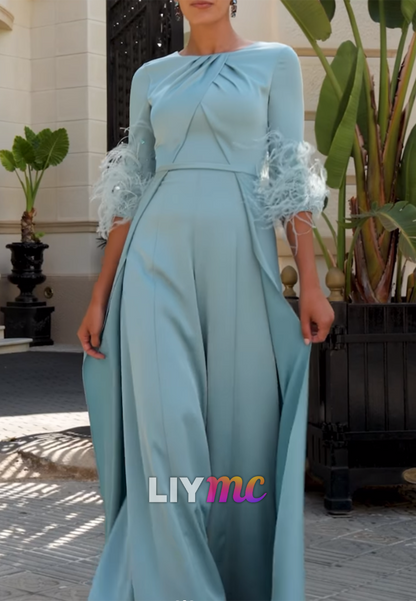 Scoop Feathered Jumpsuit Mother of Bride Dress