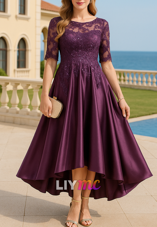 Scoop Half Sleeves Appliques A-Line Mother of Bride Dress