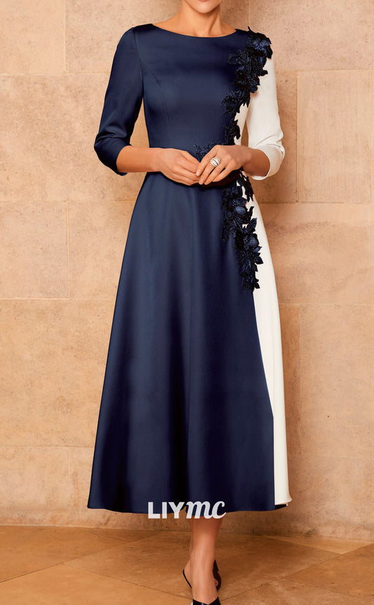 M1173 - Scoop Half Sleeves Appliques A-Line Pleated Mother of Bride Wedding Guest Dress