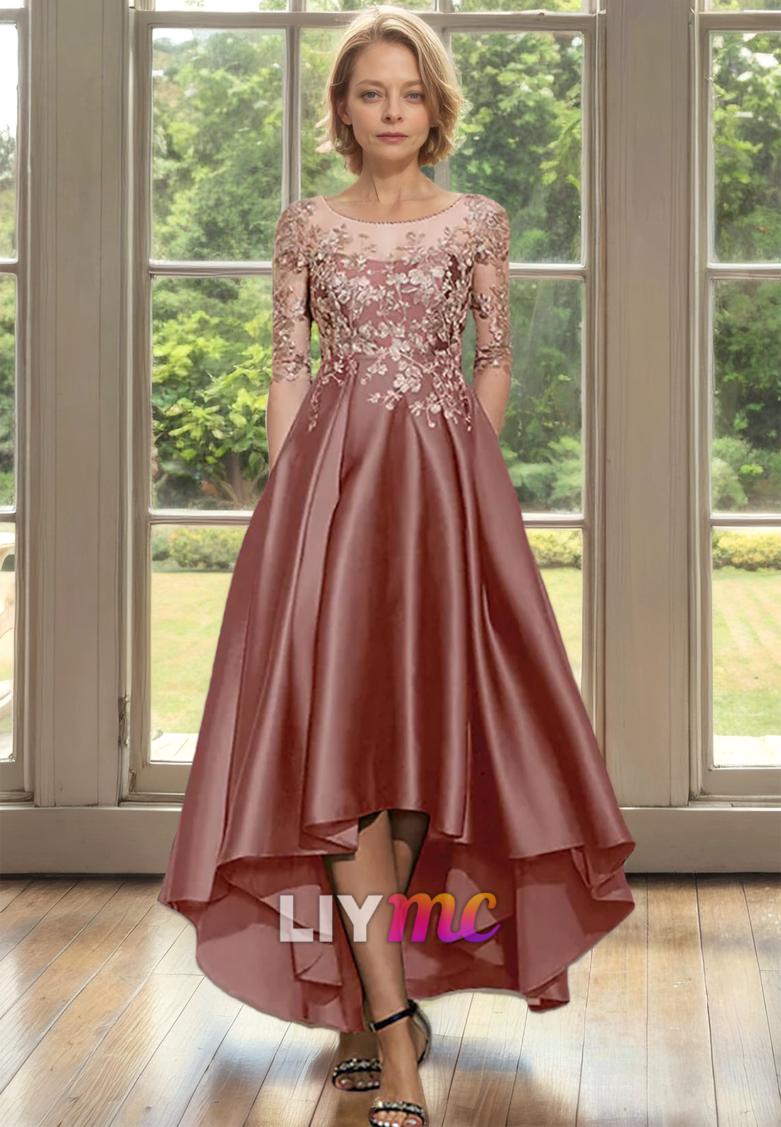 Scoop Half Sleeves Appliques Pleated Satin A-Line Mother of Bride Dress