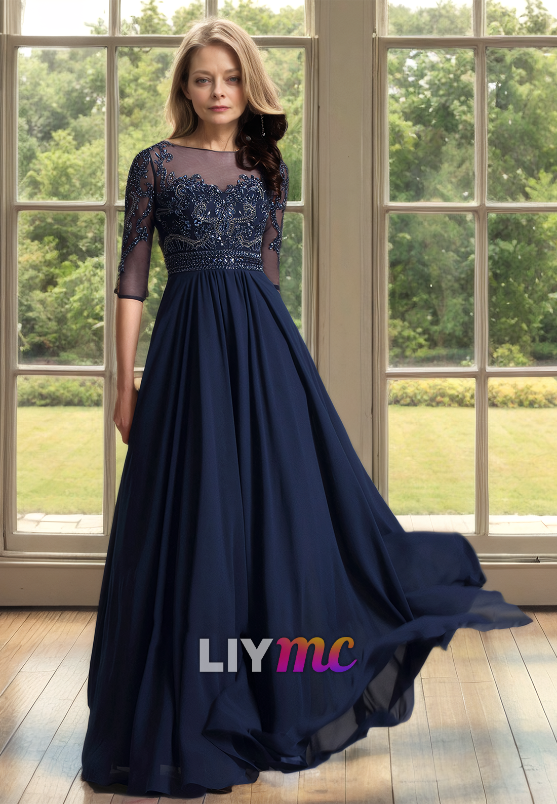 Scoop Half Sleeves Beaded Appliques Chiffon A-Line Mother of Bride Dress