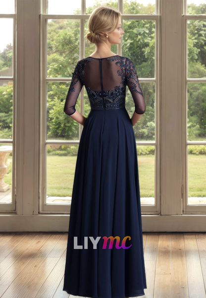 Scoop Half Sleeves Beaded Appliques Chiffon A-Line Mother of Bride Dress