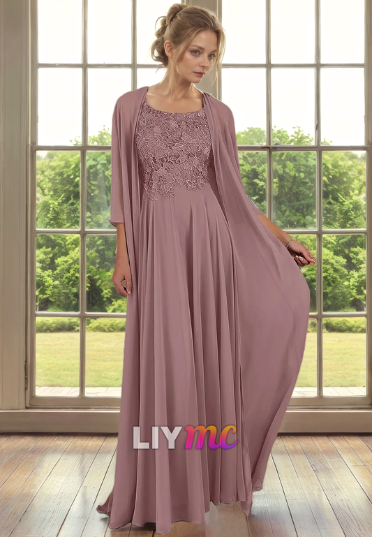 Scoop Half Sleeves Chiffon Appliques Long Mother of Bride Dress