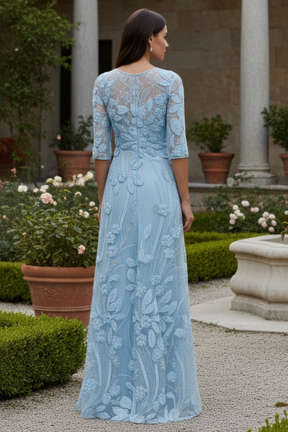 Scoop Half Sleeves Floral Appliques Sheath Evening Dress