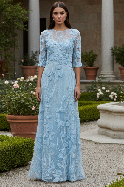 Scoop Half Sleeves Floral Appliques Sheath Evening Dress