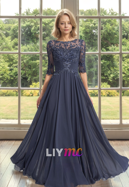 Scoop Half Sleeves Lace Appliques Chiffon A-Line Mother of Bride Dress