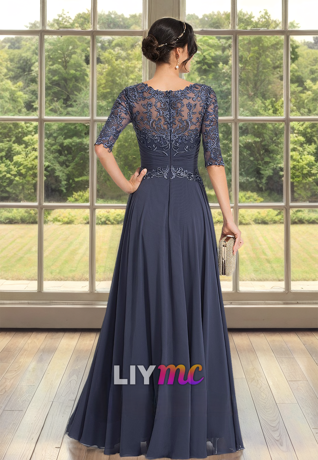 Scoop Half Sleeves Lace Appliques Chiffon A-Line Mother of Bride Dress