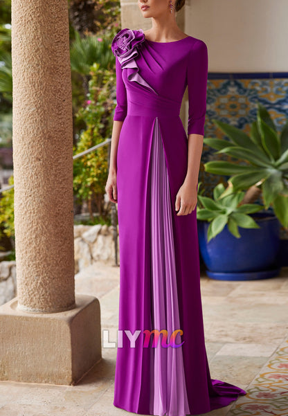 Scoop Half Sleeves Pleated Ruffles Sleek Sheath Mother of Bride Dress