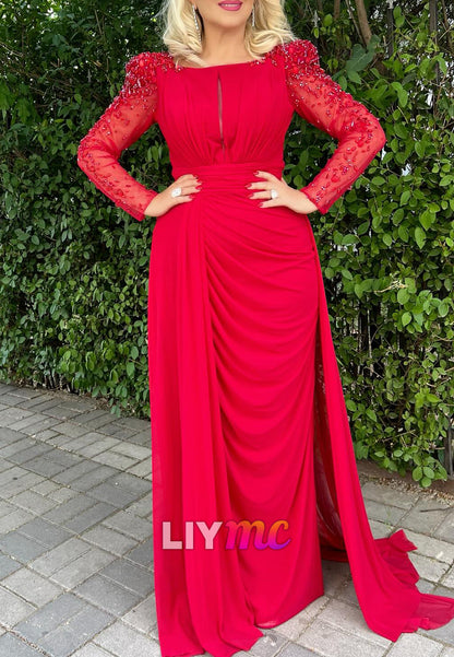 Scoop Long Sleeves Pleated Beaded Sheath Mother of Brde Dress