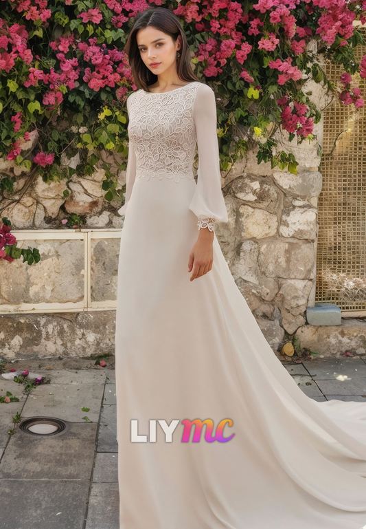 LW488 - Sheath Round Long Sleeves Appliques Cut-Outs Floor-Length Wedding Dress With Sweep Train