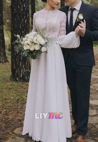 Scoop Long Sleeves Appliques A-Line Boho Wedding Dress