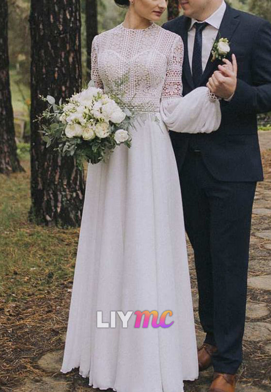 Scoop Long Sleeves Appliques A-Line Boho Wedding Dress