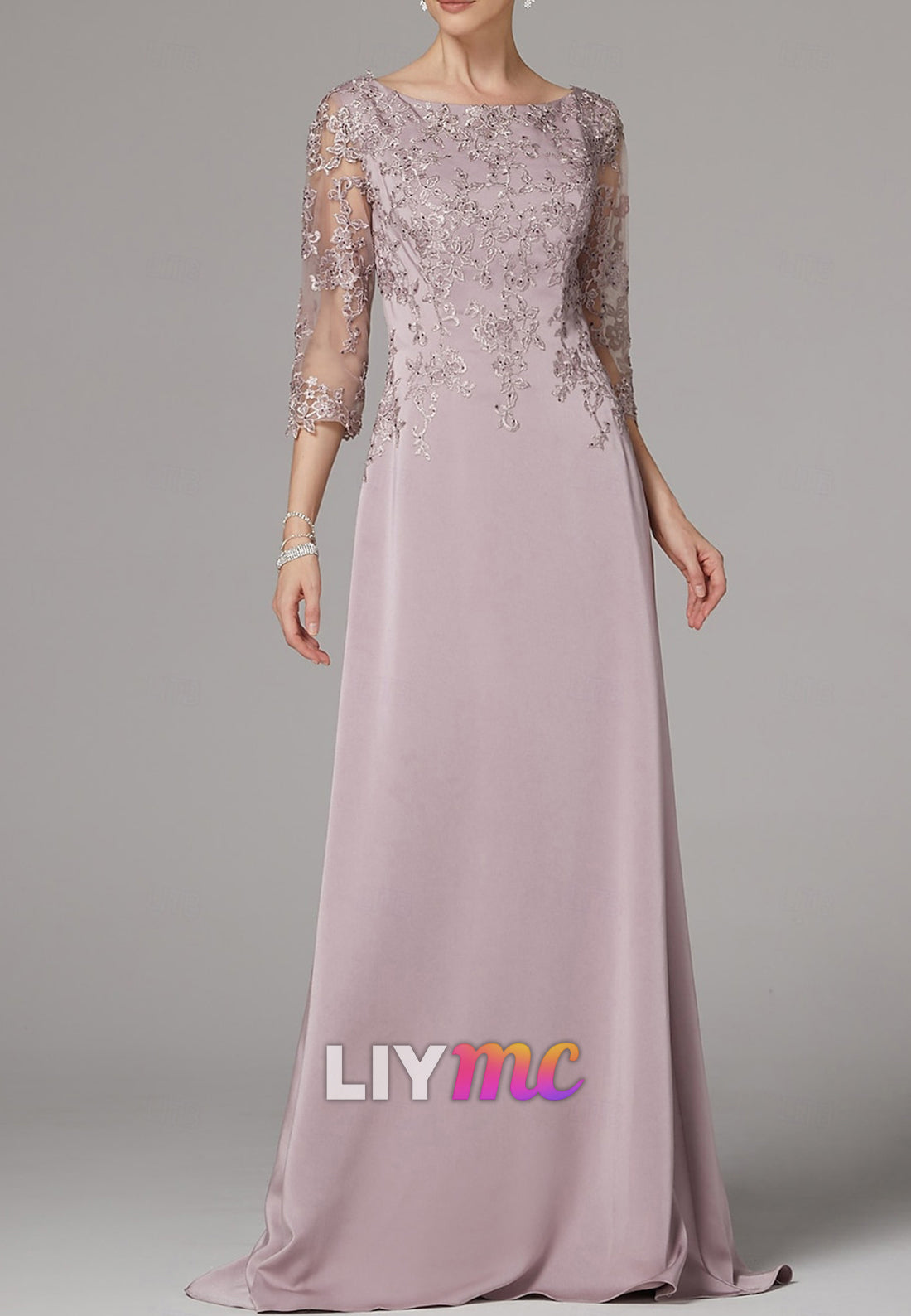 Scoop Long Sleeves Appliques A-Line Mother of Bride Dress