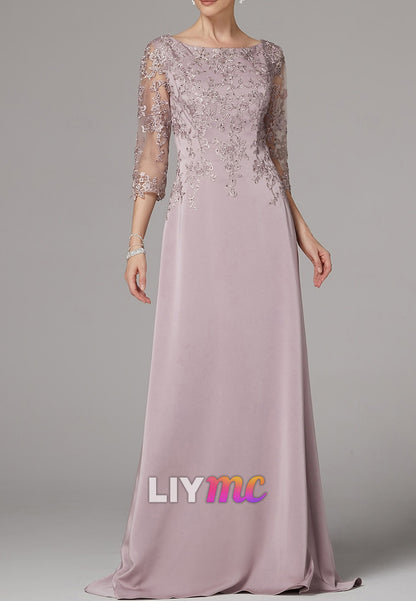 Scoop Long Sleeves Appliques A-Line Mother of Bride Dress