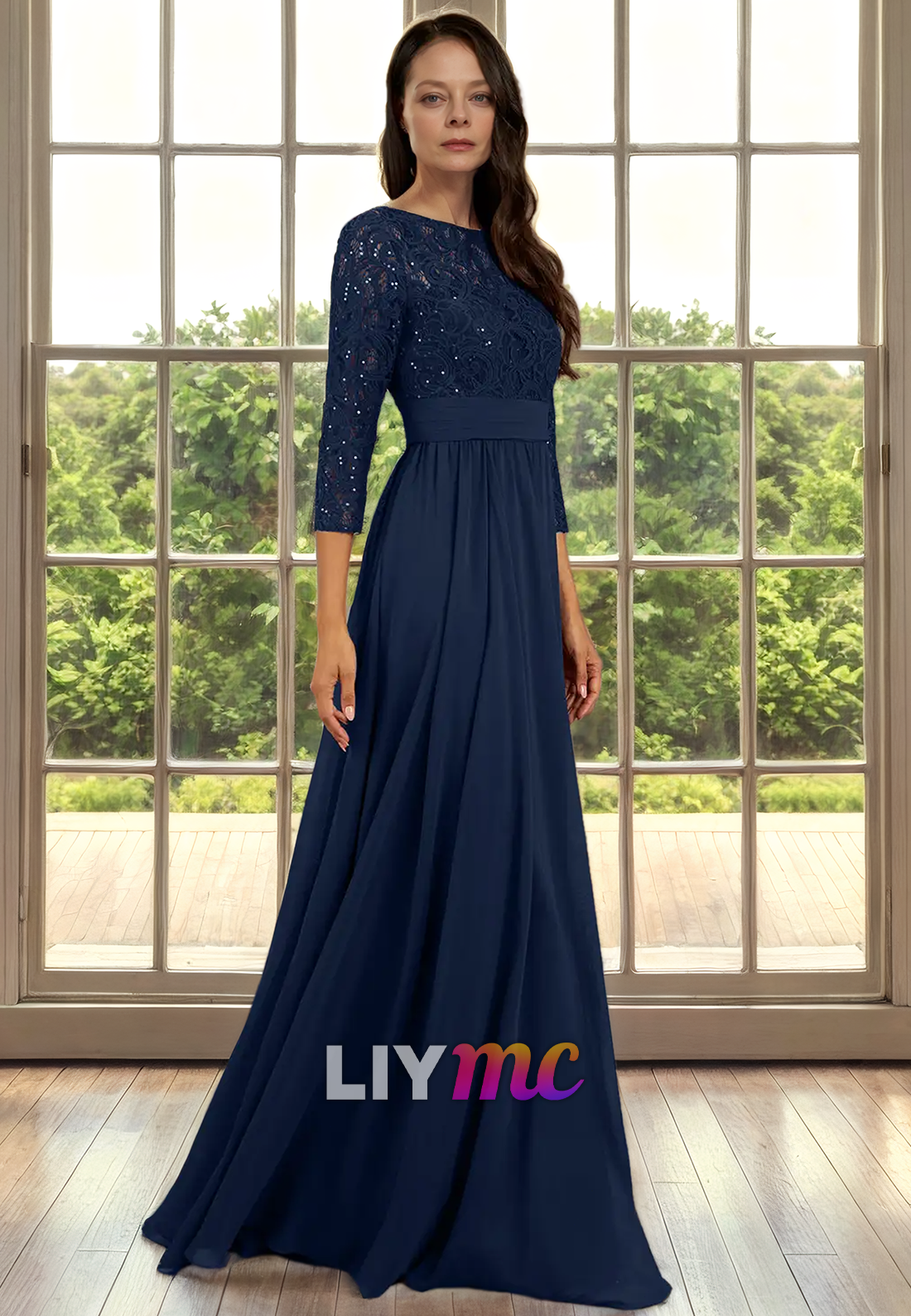 Scoop Long Sleeves Appliques Chiffon Long Mother of Bride Dress