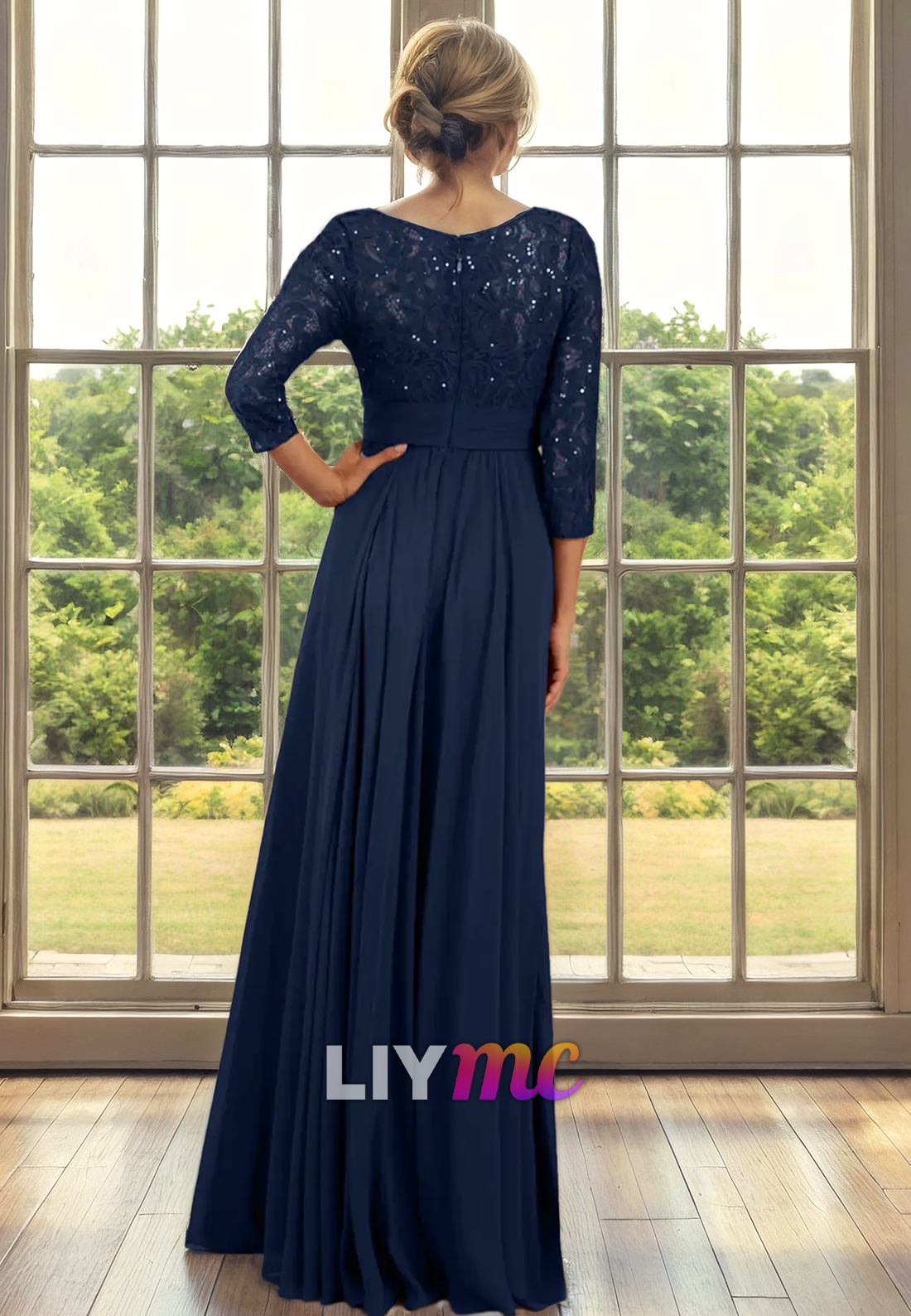 Scoop Long Sleeves Appliques Chiffon Long Mother of Bride Dress