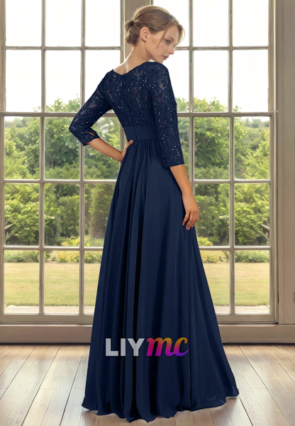 Scoop Long Sleeves Appliques Chiffon Long Mother of Bride Dress