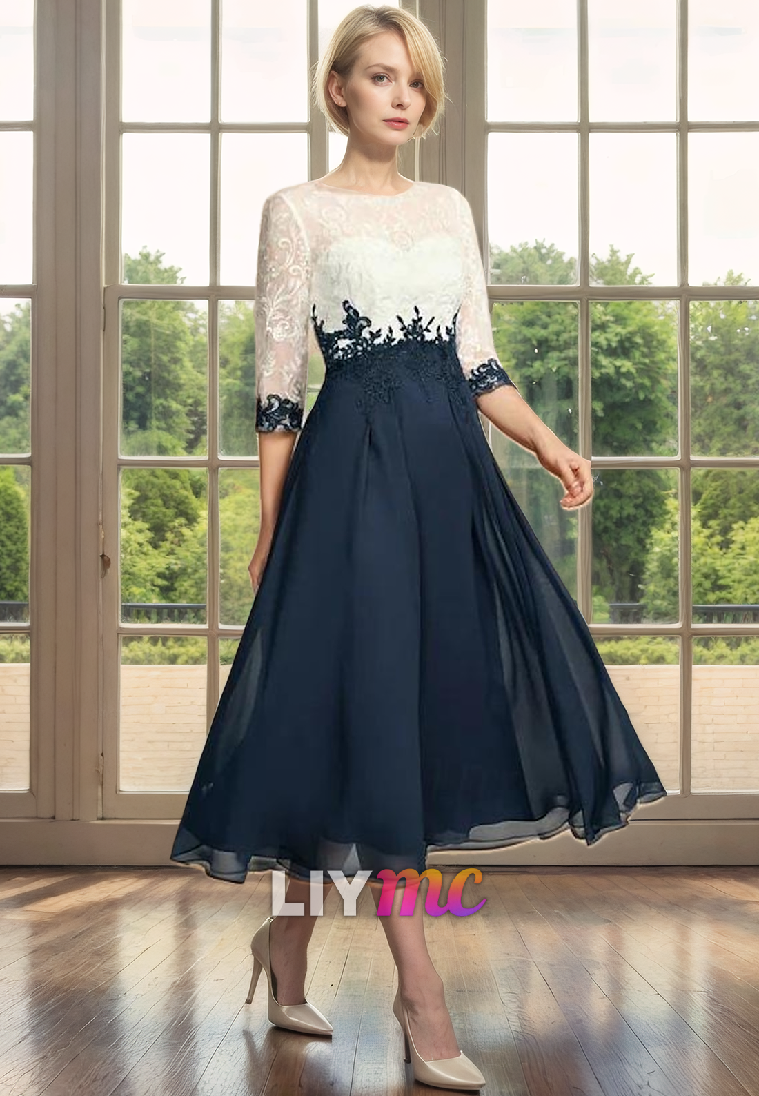 Scoop Long Sleeves Appliques Chiffon Pleated A-Line Mother of Bride Dress Cocktail Dress