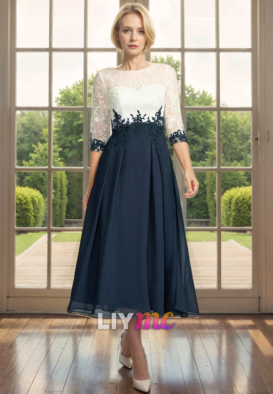 Scoop Long Sleeves Appliques Chiffon Pleated A-Line Mother of Bride Dress Cocktail Dress